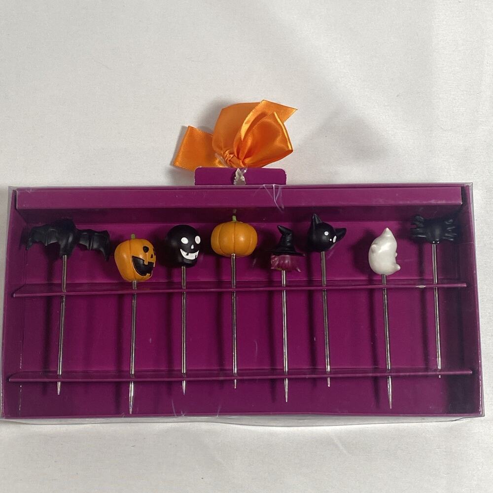 Set of 8 Halloween Hors D'oeuvres Olive Picks Pumpkin Witch Spider Ghost Skull